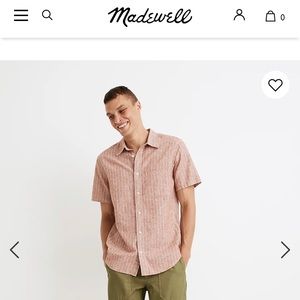 Madewell Mens Short Sleeve Linen Red and Cream striped shirt.